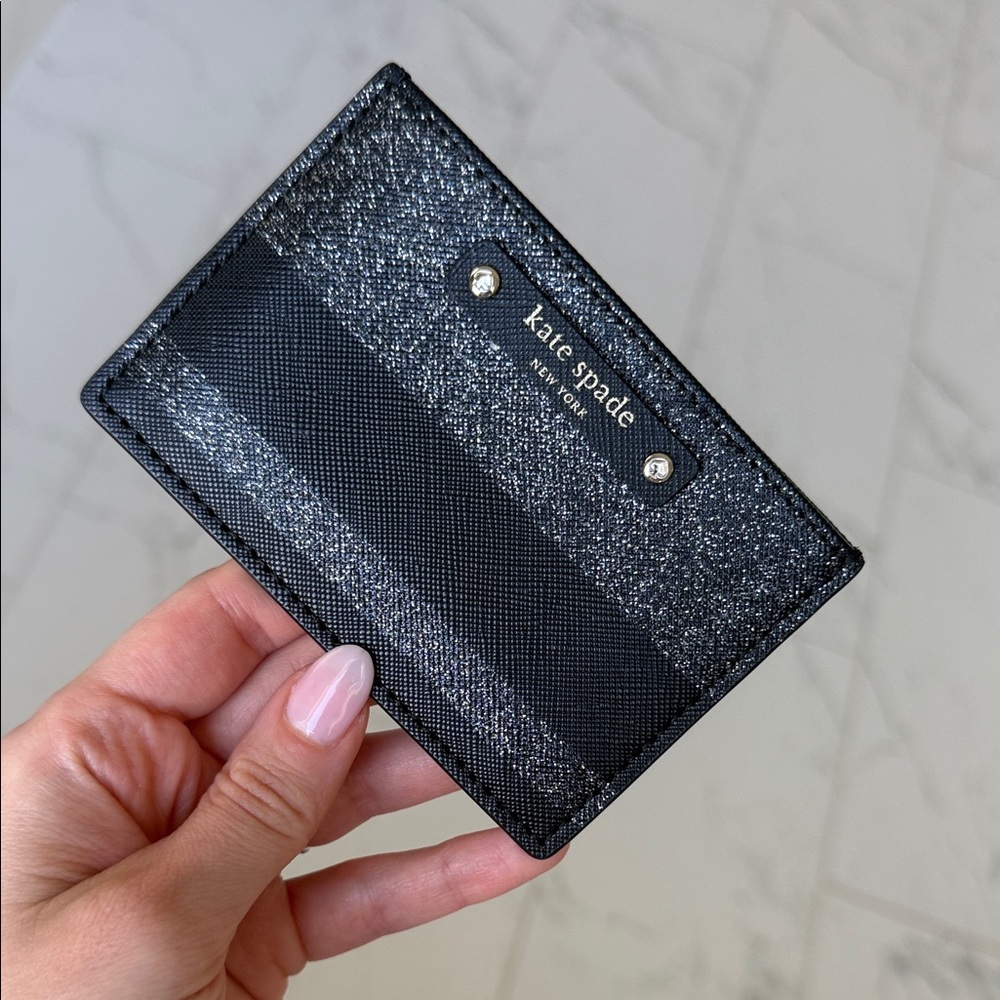 Kate Spade Black Card Holder Wallet Silver Sparkles Gold Hardware